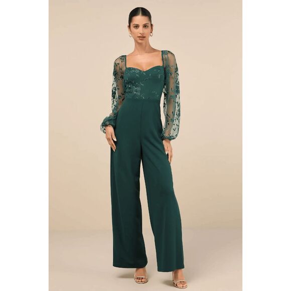 Lulus Pants - NWT Lulus Darling Charisma Emerald‎ Green Mesh Embroidered Jumpsuit Size Small